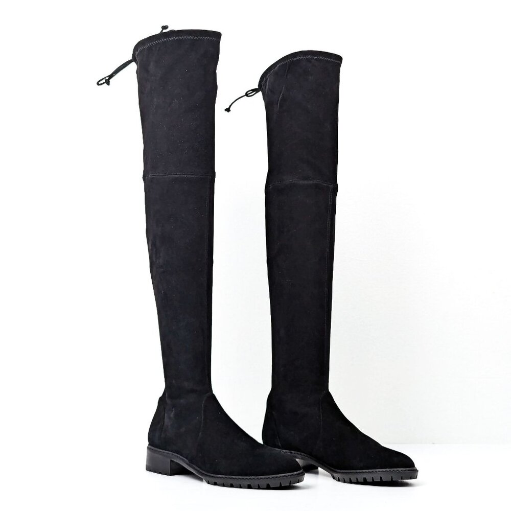 Stuart Weitzman Women City Lug Back Lace Black Suede OTK fashion Boots size 8